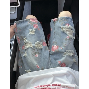 403-DK15-特P40 玫瑰花卉印花破洞牛仔短裤男图片
