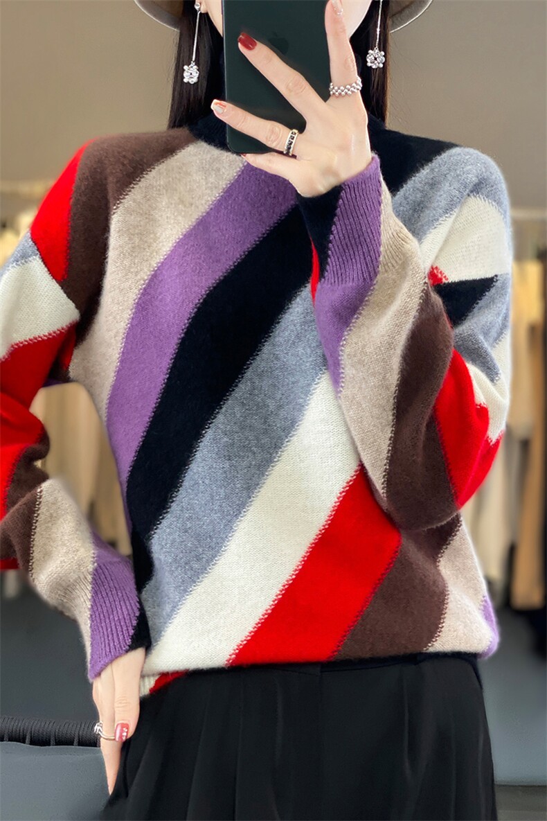 高领羊毛衫女2024秋冬新款女装内搭洋气条纹打底衫休闲,女装羊毛衫,蒙特羊绒