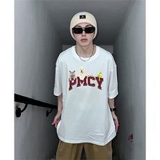 抖音得物供货210克现货宽松纯棉美式潮牌印花落肩袖纯棉T恤AT2156，男装T恤，电商A443