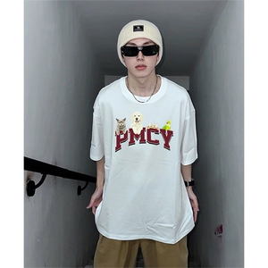 抖音得物供货210克现货宽松纯棉美式潮牌印花落肩袖纯棉T恤AT2156图片