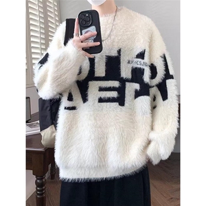 1506-1/MRM4271/P62美式圆领字母毛衣秋冬情侣款宽松复古慵懒风图片