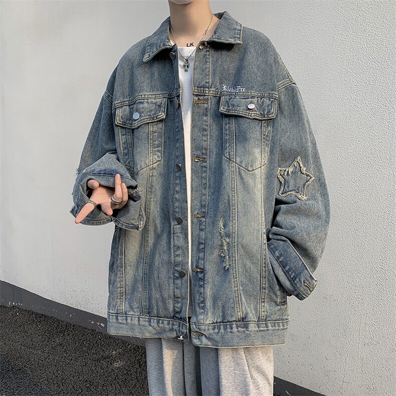 刮烂破洞牛仔夹克宽松ins情侣上衣秋季新款炸街外套JK02076-P60,男装夹克,星座308B-1