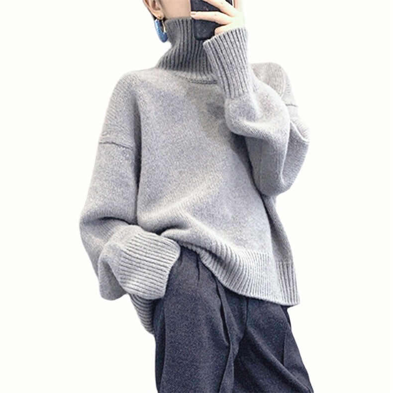 2025秋季新款高领欧货羊毛衫女宽松慵懒风套头廓形羊绒加厚毛衣,针织衫/毛衣,雪真羊绒