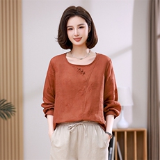 2024春新款女装圆领刺绣苎麻长袖衬衫显瘦百搭气质上衣，女装衬衫，希欧阁