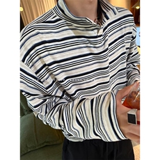 现货JY174-P50精致感小立领彩色条纹休闲宽松长袖T恤上衣网图，男装T恤，星座1501-3