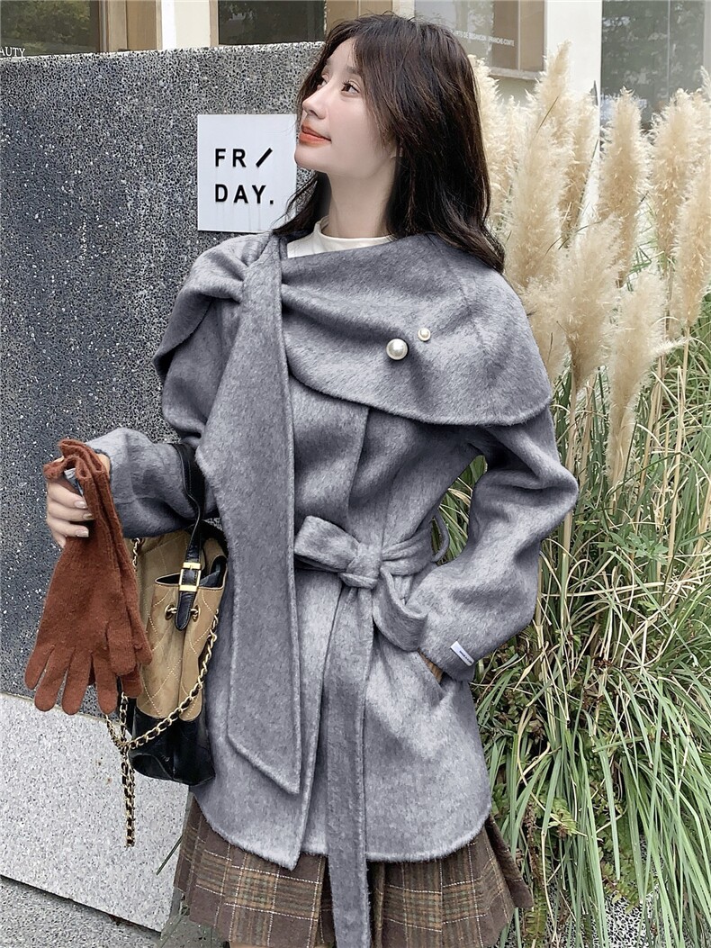 双面羊毛呢短外套女2025秋冬新款可脱卸围巾领两穿小个子呢子大衣,女装双面呢大衣,琦鑫阁（原依鑫阁）