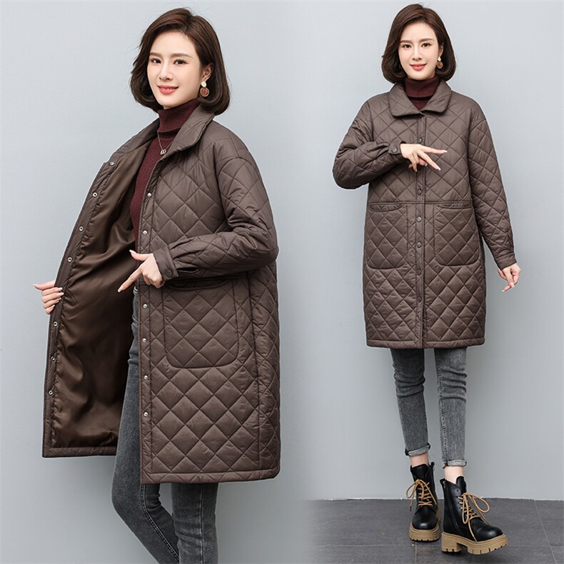 2023年冬季休闲中长款翻领绗棉棉衣,女装棉衣/棉服,文熹诺