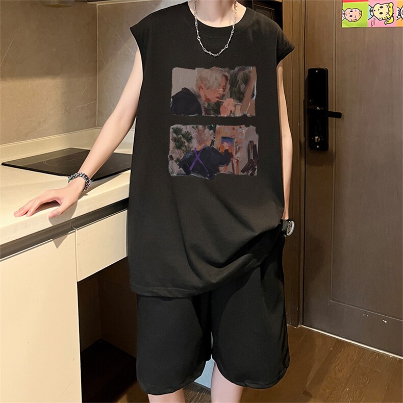 直播品质美式宽松纯棉背心无袖t恤短裤大码两件套套装TZ52-P58,男装T恤,电商A486