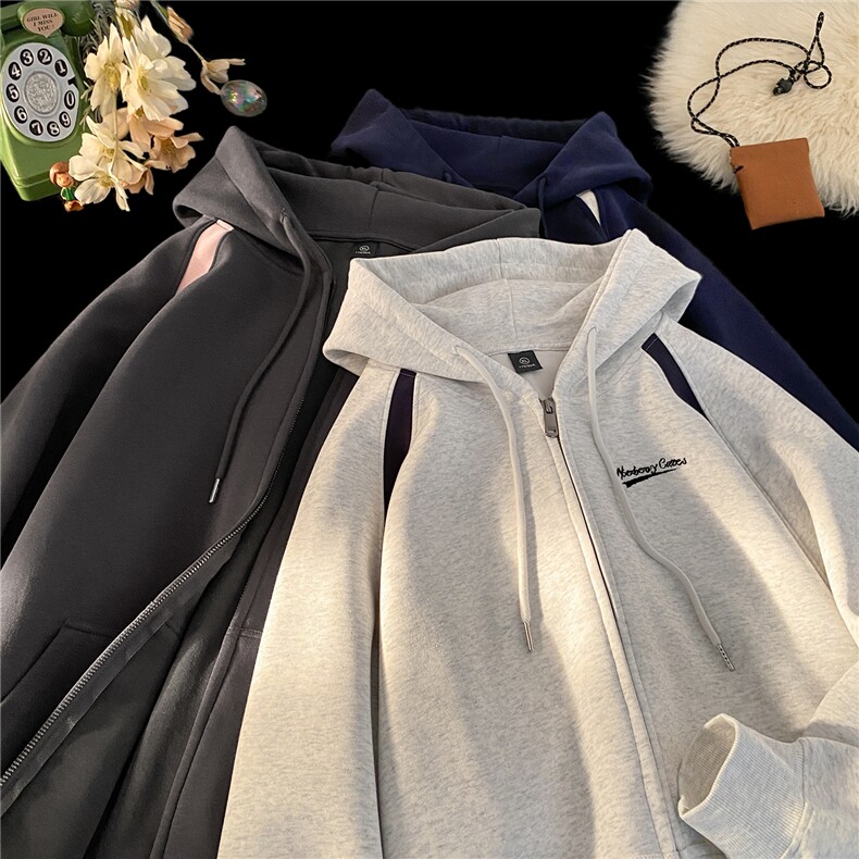 加绒加厚500克重磅撞色开衫连帽宽松卫衣男外套RH8109-P68加绒78，女装短外套，星座610B-1