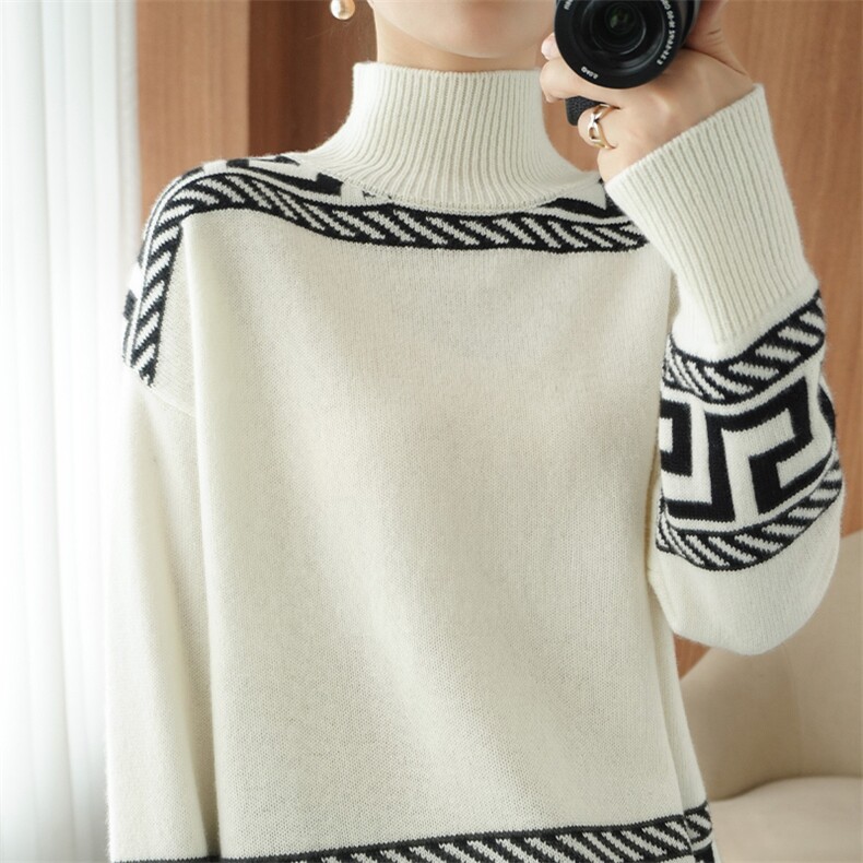 重磅加厚上衣羊毛衫女半开拉链拼色套头保暖宽松针织打底衫长袖，女装羊毛衫，鸿陌羊绒