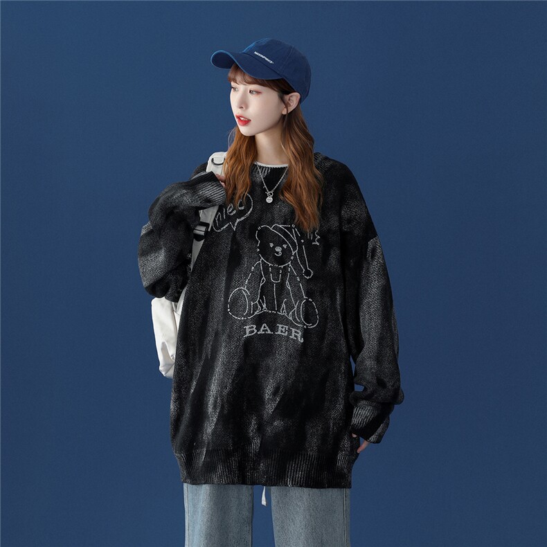 中性风22秋冬手绘带帽小熊图案套头圆领毛衣M08P65控88,男装针织衫/毛衣,A247A