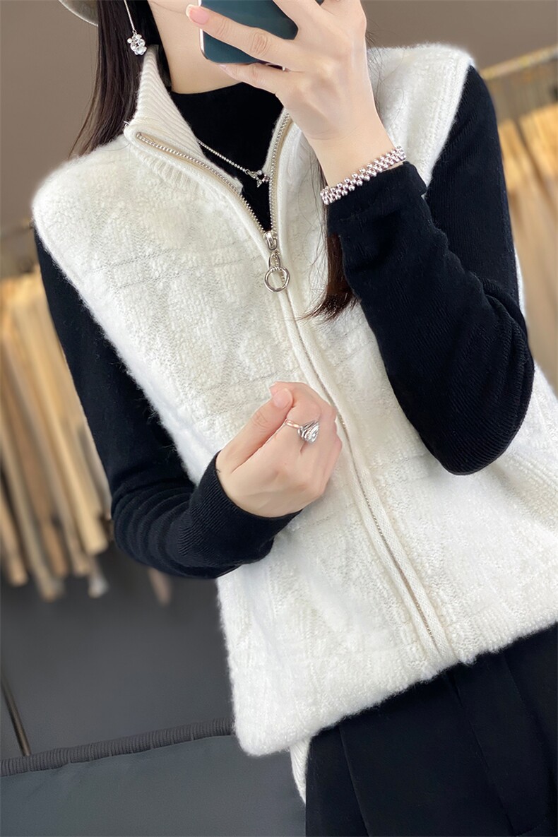 秋冬高领拉链纯羊毛马甲坎肩女毛巾绣提花毛衣背心宽松羊绒衫开衫,女装马甲,美雪羊绒