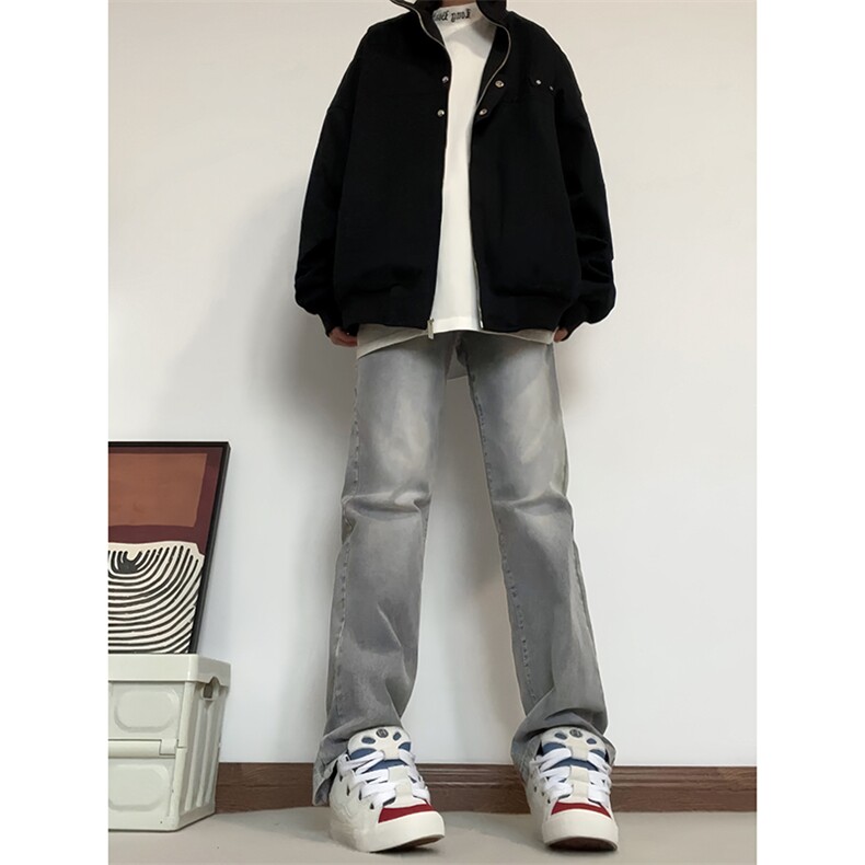B221美式高街水泥灰弹力直筒牛仔裤LK24146-P60控79 加绒P70控99图片