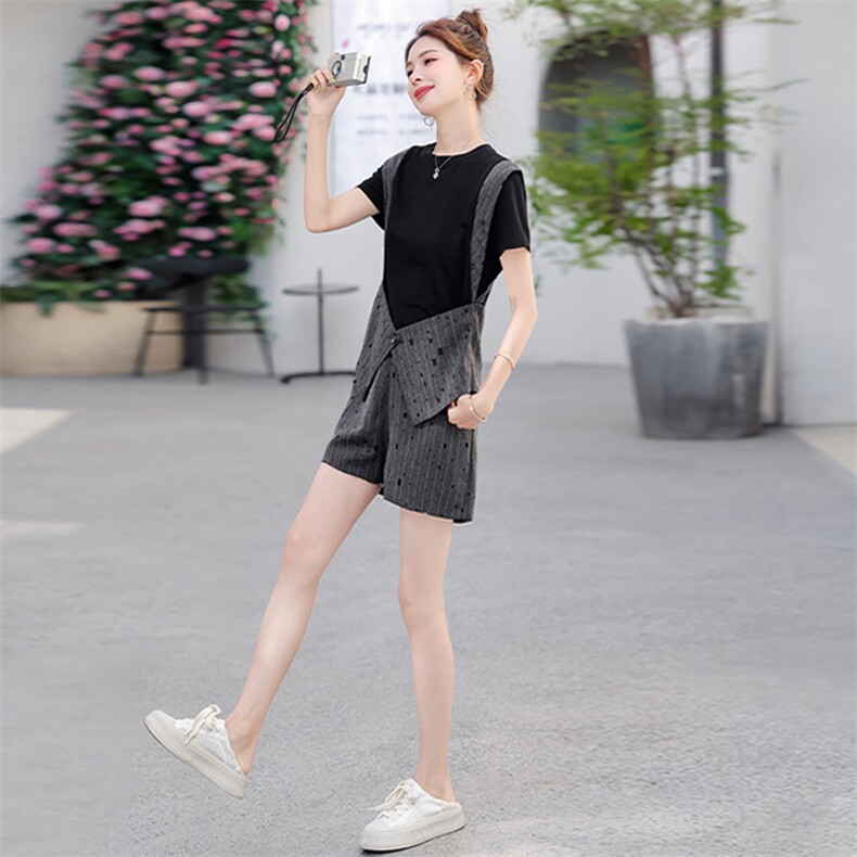 时尚干练气质套装女夏新款撞色拼接假两件短袖上衣阔腿短裤两件套,女装套装/套裙,江南