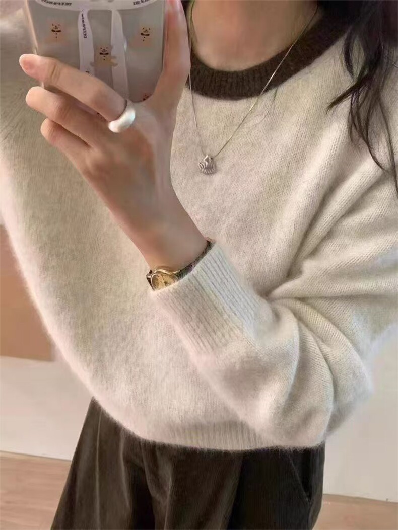 秋季新款舒适显瘦时尚百搭拼色圆领打底衫,女装羊毛衫,恒恩羊绒
