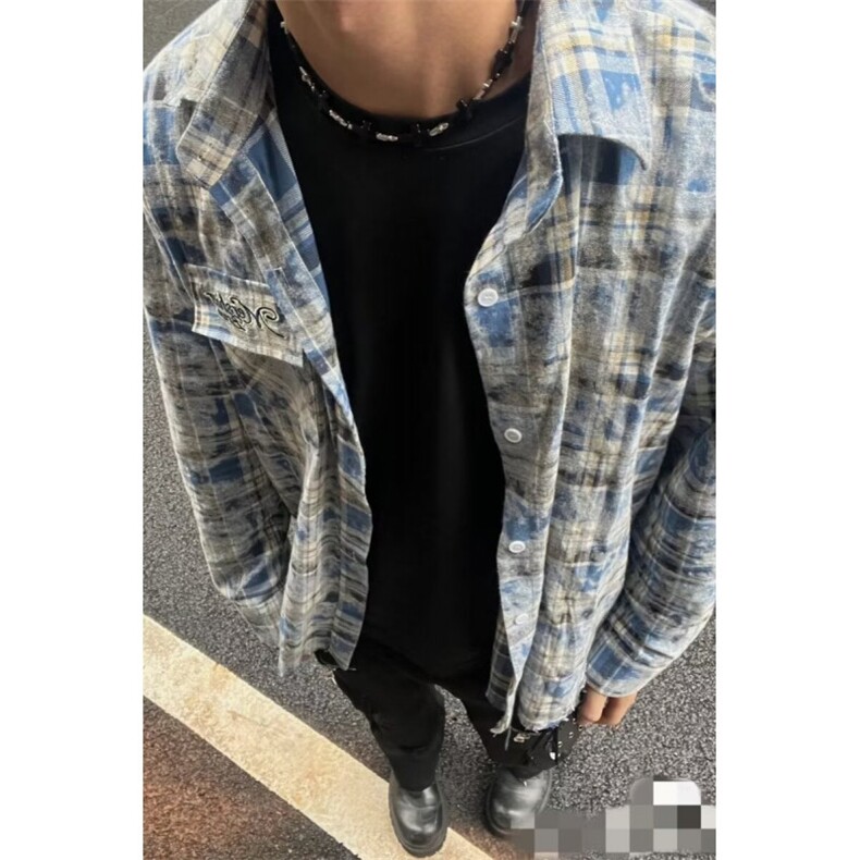 1506-1/CM1581/P43水墨晕染格纹长袖衫衬衣外套男款痞帅炸街美式图片