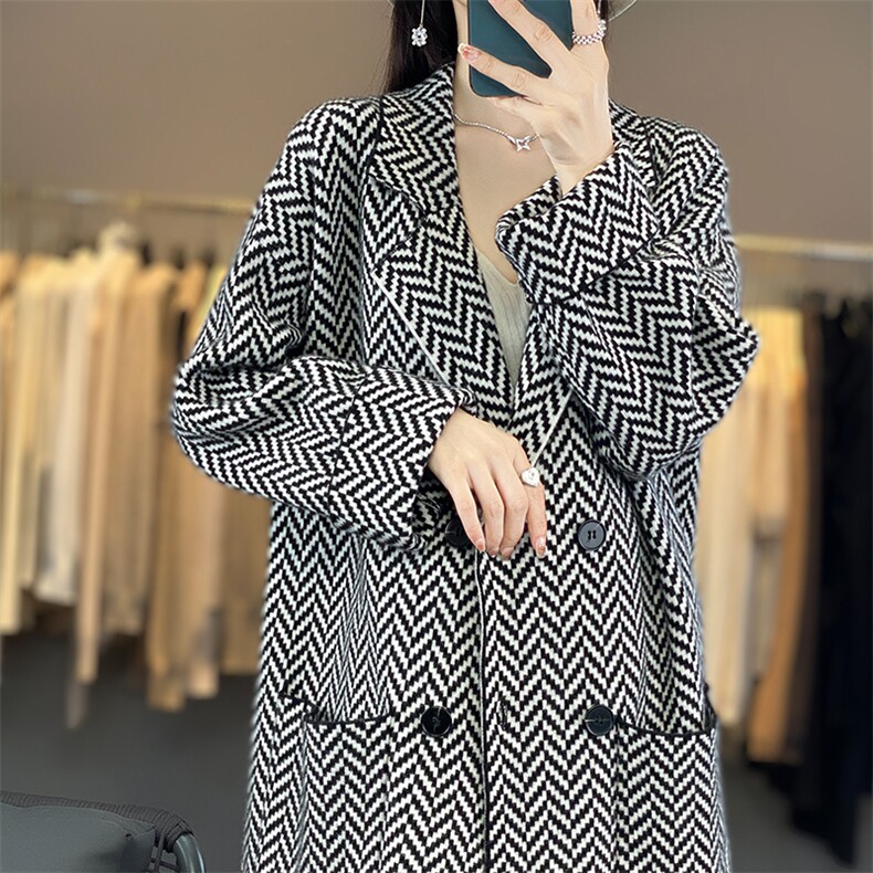 2024秋季新款双股加密拼色西装领系扣中长款羊毛开衫,女装羊毛衫,恩尚羊绒