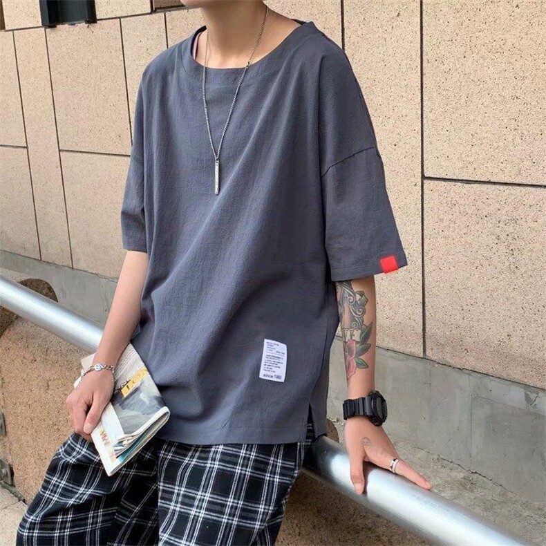 C527P28日系潮流时尚慵懒日系亚麻短袖t恤原宿棉麻五分袖流行新款,男装T恤,星座512-6