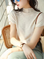 气质百搭宽松薄款半高领短袖针织衫女春夏落肩，女装针织衫/毛衣，圣旺供货
