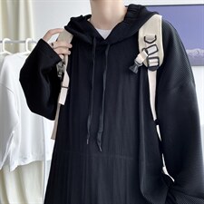 新款港风情侣褶皱纯色卫衣连帽套头宽松外套休闲复古潮 H209/P55图片