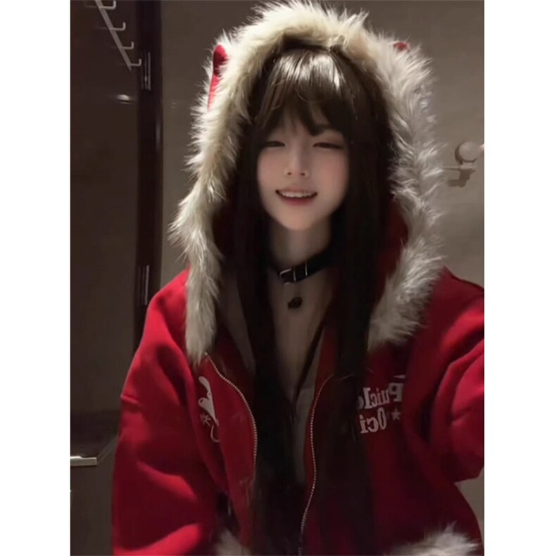 纯棉华棉加绒卫衣幽灵猫猫毛绒连帽外套女慵懒风帽衫WY3251,女装短外套,星座1116A（原606A-3）