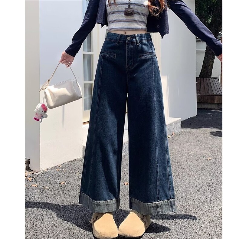 蓝色直筒卷边九分烟管裤小个子牛仔裤女2025秋冬高腰宽松阔腿裤子,男装牛仔裤,星座1210-1