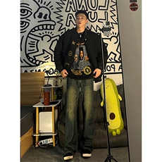 B221美式ins高街暗黑小众个性宽松直筒牛仔裤LK23140-P65控88，男装牛仔裤，电商B221