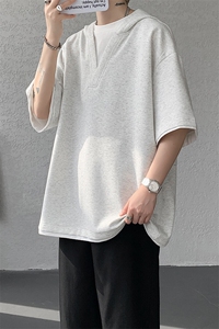 8XL-M假两件短袖卫衣连帽t恤男夏季薄款宽松大码学生半袖DT007P48图片