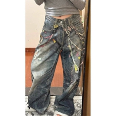 美式糖果链条3D印花牛仔裤男女宽松潮弯刀阔腿裤子LN70166-P54，男装牛仔裤，星座1008