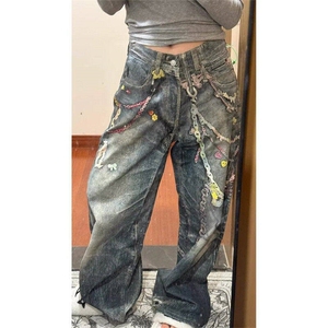 美式糖果链条3D印花牛仔裤男女宽松潮弯刀阔腿裤子LN70166-P54图片