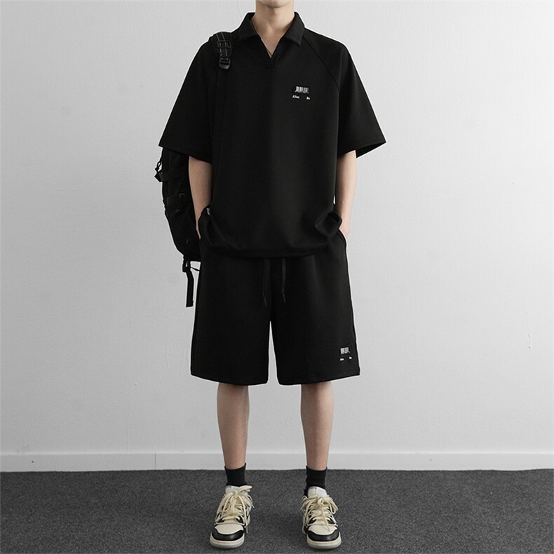 针织套装男夏季美式高街短袖polo短裤两件套装潮,男装牛仔裤,星座914