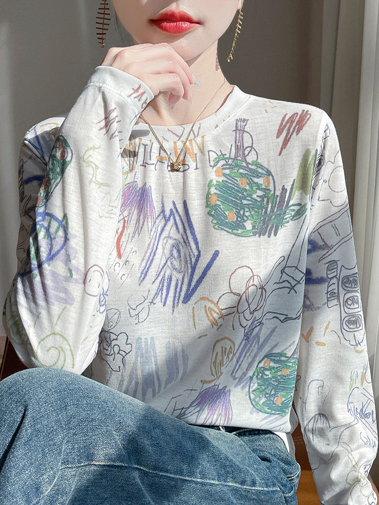 2025秋冬百搭时尚晕染圆领印花长袖，女装针织衫/毛衣，羊特美羊绒