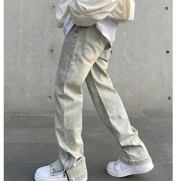 美式高街vibe复古水洗做旧黄泥染拉链开叉牛仔裤男直筒微喇长裤子,男装牛仔裤,星座506A