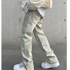 美式高街vibe复古水洗做旧黄泥染拉链开叉牛仔裤男直筒微喇长裤子，男装牛仔裤，星座506A