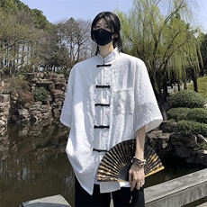 夏季新中式五分袖衬衣2024新款潮牌宽松衬衫男现货W8179-P35，男装衬衫，星座512-4