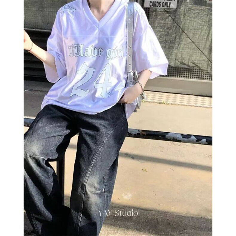 2025新款夏季小众复古V领运动休闲拼接同款男友球衣T恤短袖,男装T恤,星座506A