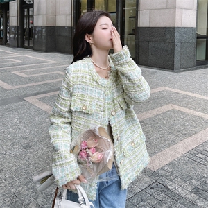 温柔风绿格纹小香风外套女2025春秋新款高级感穿搭时尚气质短外套图片