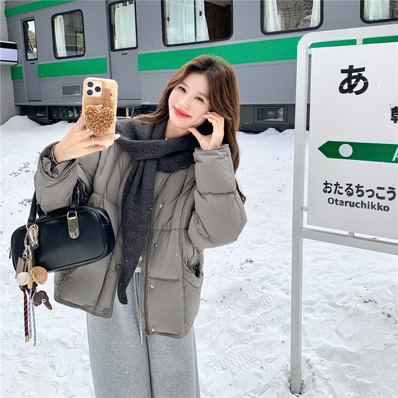 慵懒风时尚短款羽绒服女2025冬季新款灰色加厚宽松保暖面包服外套,女装羽绒服,2C126