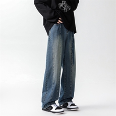 8XL-M牛仔裤秋季加肥加大码痞帅美式高街宽松直筒长裤NZ9007/P65，男装牛仔裤，电商B238