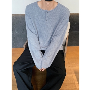 韩版纯色宽松百搭亨利领华夫格长袖T恤男通勤打底衫-SZ21125-P38图片