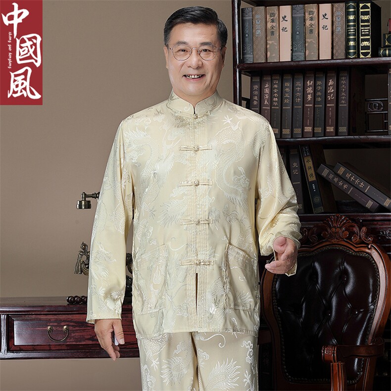 风中老年唐装男士春夏款大龙长袖套装丝绸衬衫,男装中老年男装,钱塘723