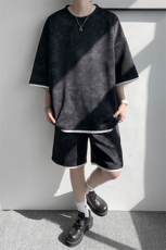 TZ775-特P50控88新款撞色拼接假2件套装短袖短裤T恤大码百搭，男装休闲套装，电商A059