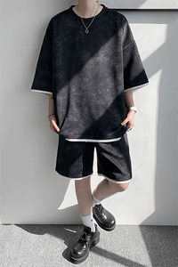 TZ775-特P50 控88 新款撞色拼接假2件套装短袖短裤T恤大码百搭图片