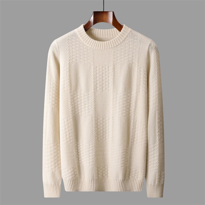 2025秋冬百搭时尚简约圆领大方块提花针织衫，男装羊绒套衫，盛欣羊绒