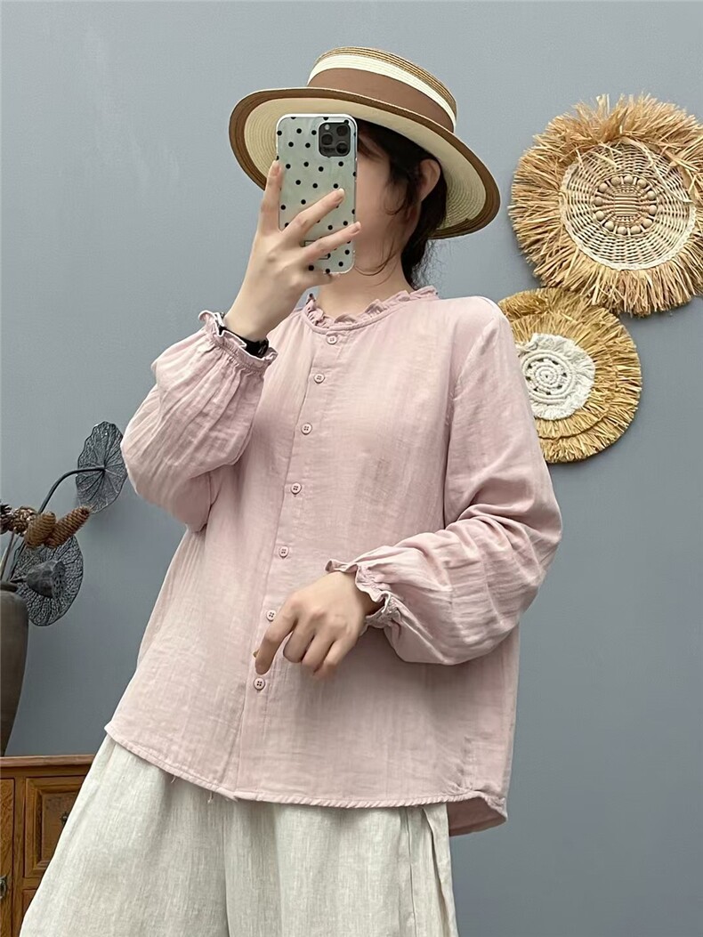 2025百搭时尚木耳边花边棉纱衬衣,女装衬衫,湘姗