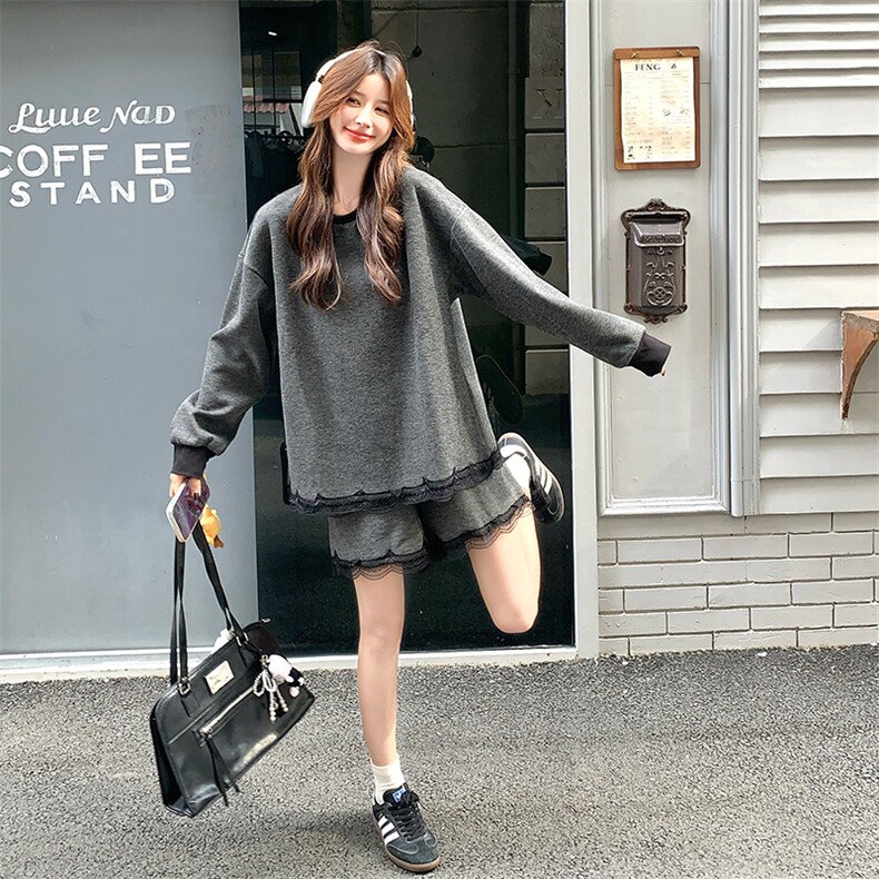 韩版宽松减龄卫衣短裤两件套女2025年春秋季新款时尚蕾丝拼接套装,女装套装/套裙,1D066-1