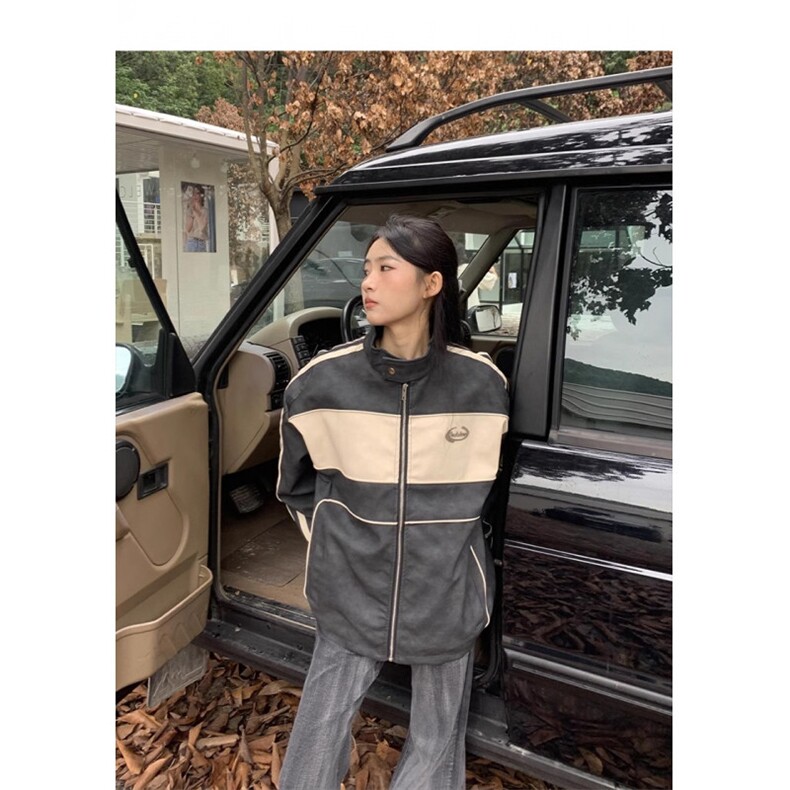 美式机车风复古做旧皮衣外套宽松高级感痞帅撞色立领夹克JK8547,男装夹克,星座516A