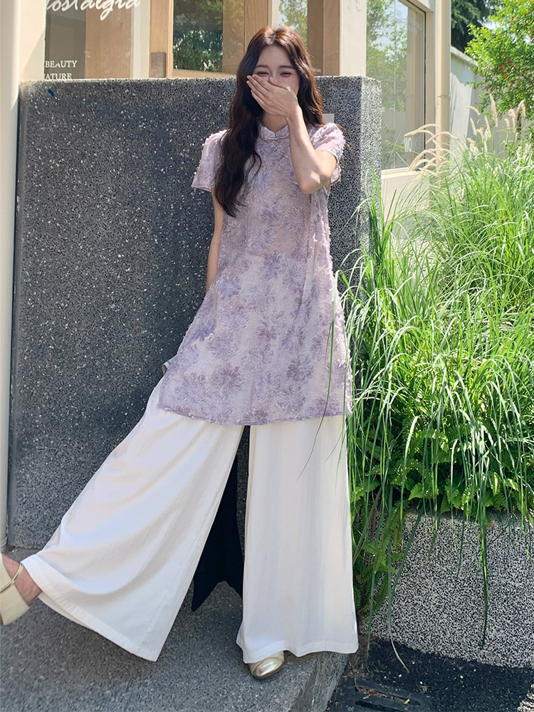 88088新中式国风套装气质复古立领盘扣上衣休闲阔腿裤两件套夏季,女装套装/套裙,浙宝305