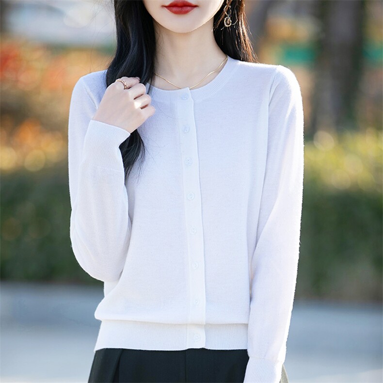 2025春秋新款精纺开衫上衣女亮片针织衫圆领宽松洋气百搭毛衣外套,女装羊毛衫,片语羊绒