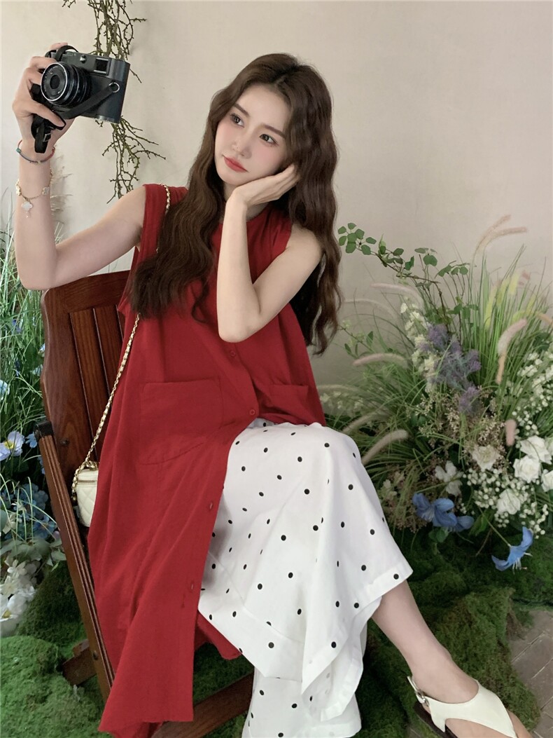 红色无袖衬衫叠穿连衣裙女夏波点阔腿裤两件套装裙巨好看超火爆款,女装套装/套裙,蝶眷